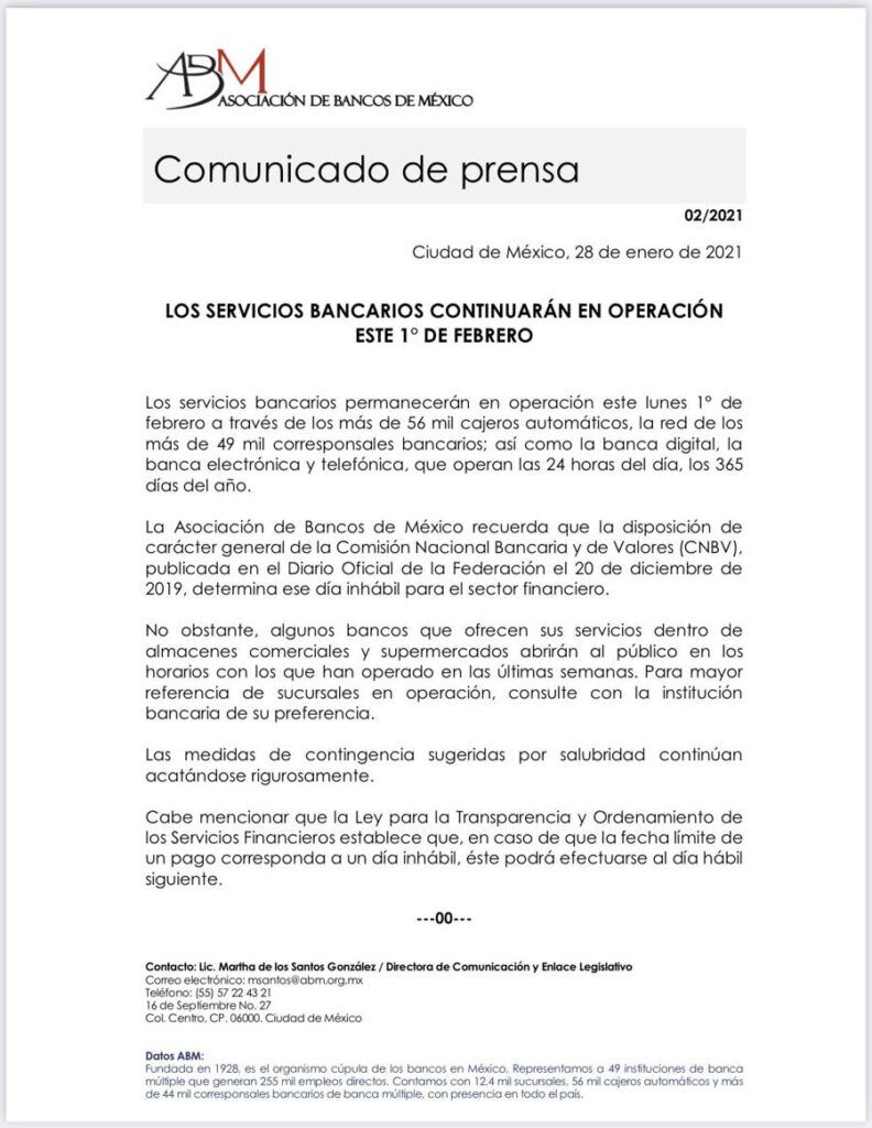 Bancos no abrirán el 1° de febrero