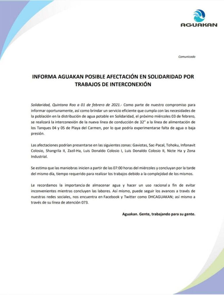 Aguakan suspende servicios en Solidaridad