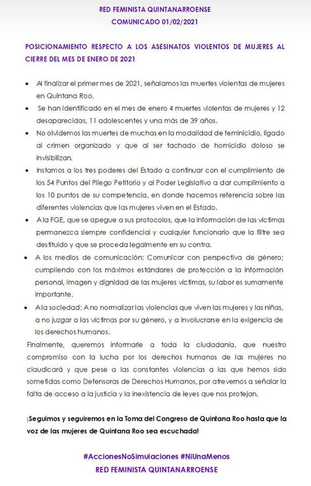 Posicionamiento de la Red Feminista quintanarroense respecto a los asesinatos de mujeres al  cierre del mes de enero