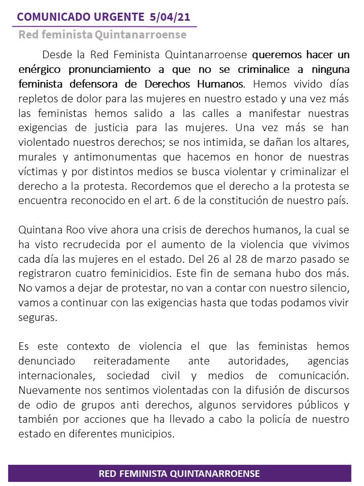 Denuncian colectivas feministas criminalización por protestas en Quintana Roo