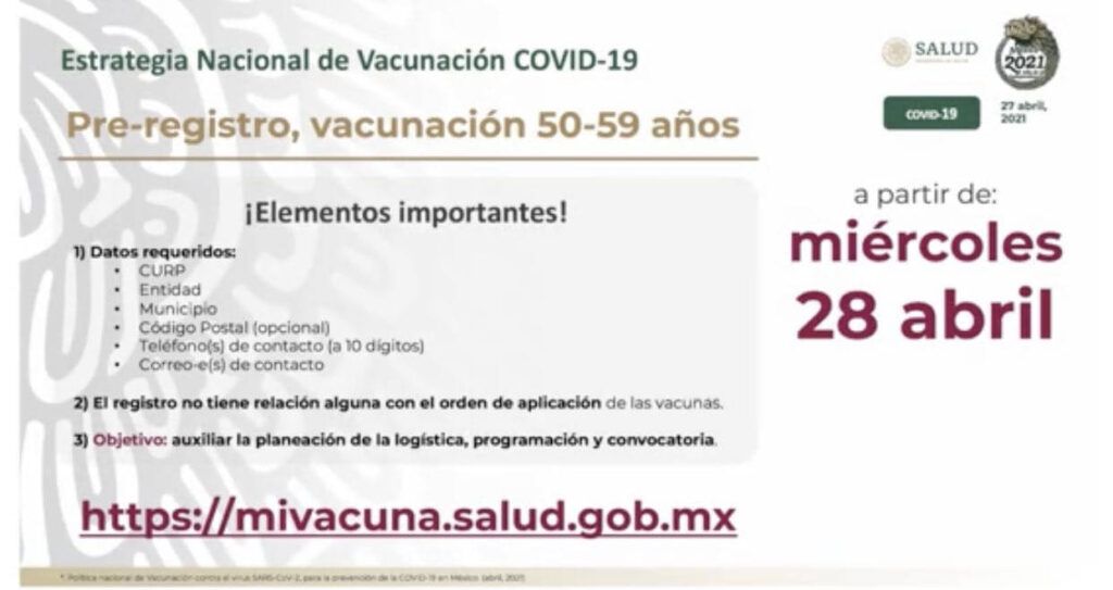 En mayo comienza vacunación a personas de 50 a 59 años