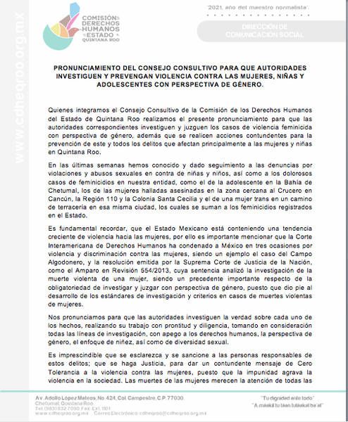 Pide Pide Consejo de Derechos Humanos en Quintana Roo se investiguen casos de feminicidios con perspectiva de género