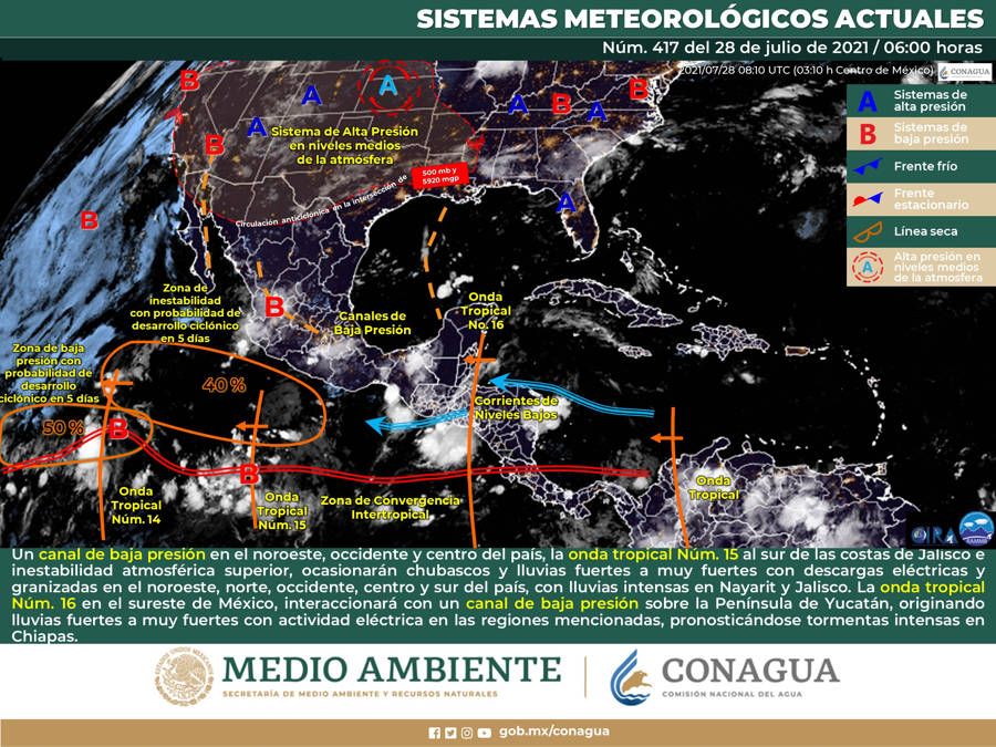 Onda tropical 16 originará lluvias fuertes en la Península de Yucatán