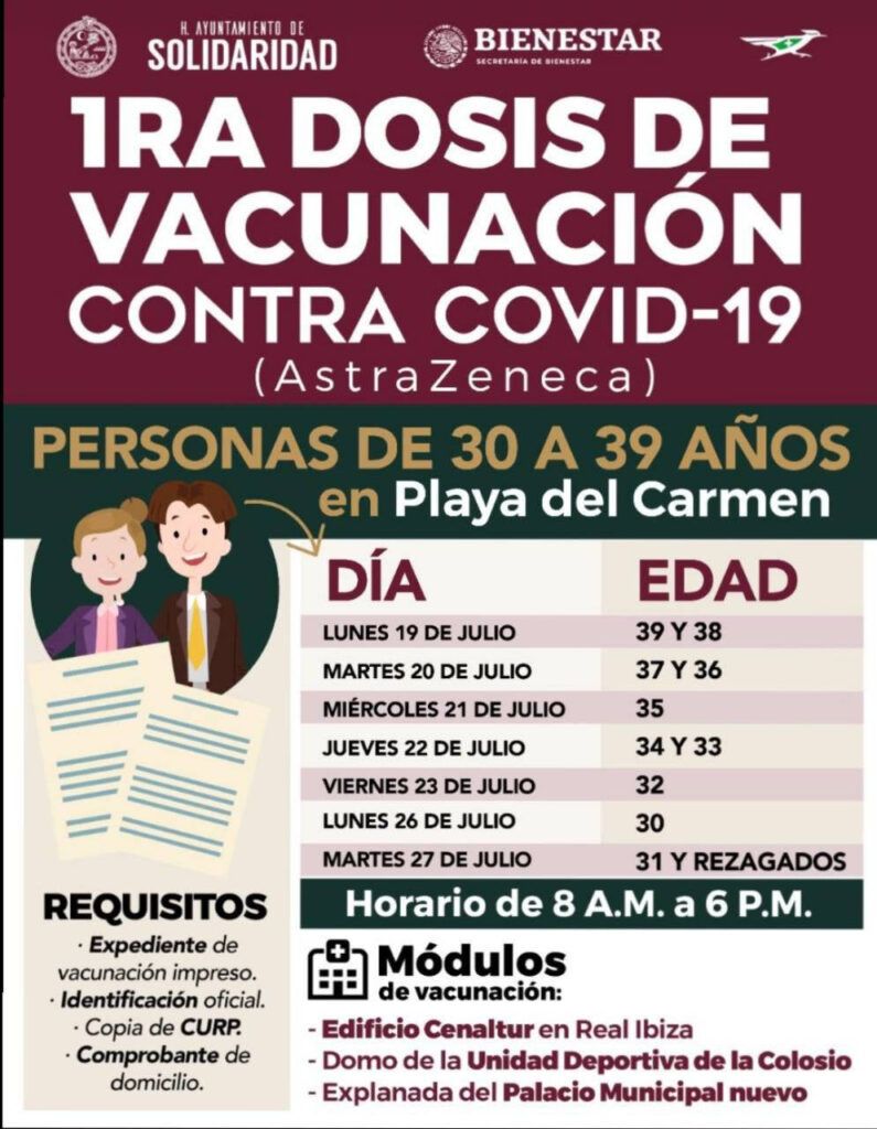 Este lunes inicia vacunación para mayores de 30 en Playa del Carmen