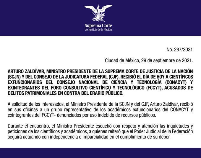 Recibe Arturo Zaldívar a investigadores de Conacyt denunciados