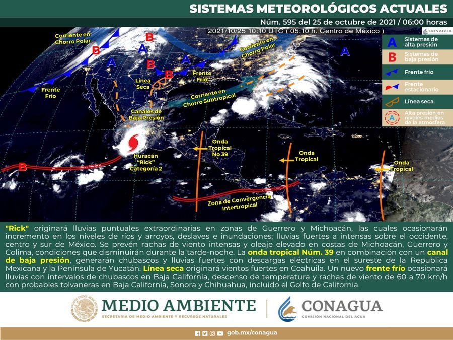 Huracán Rick y onda tropical N°9 provocarán vientos y lluvias