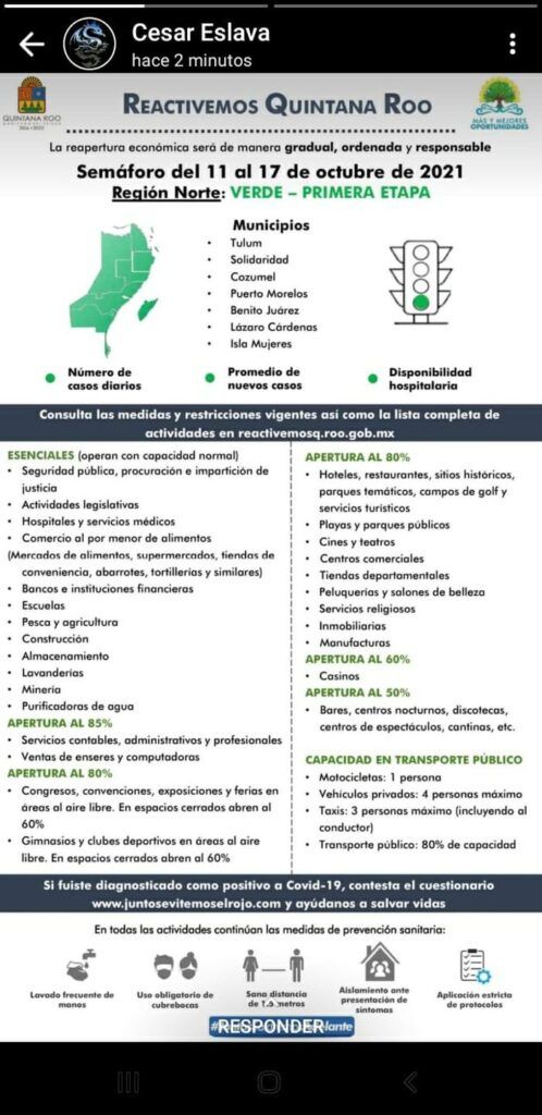 Zona norte de Quintana Roo pasa a semáforo verde