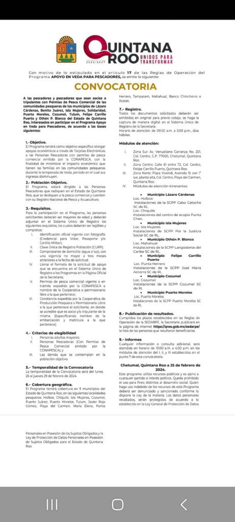 Abre Gobierno de Quintana Roo programa de Apoyo para pescadores